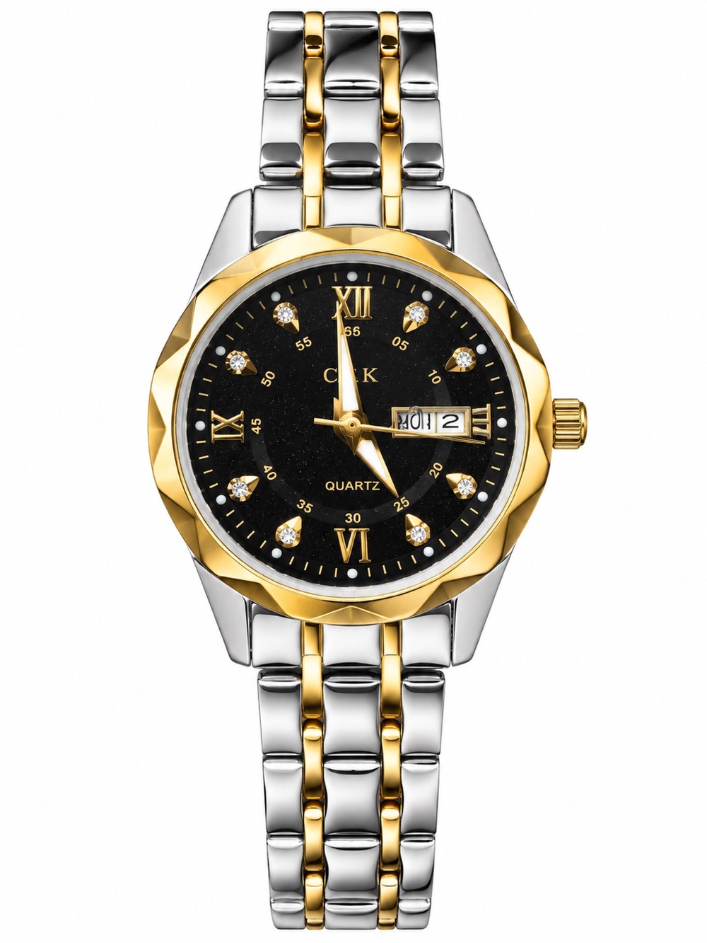 Gold & Silver Women’s Quartz Watch with Black Dial and Crystal Accents